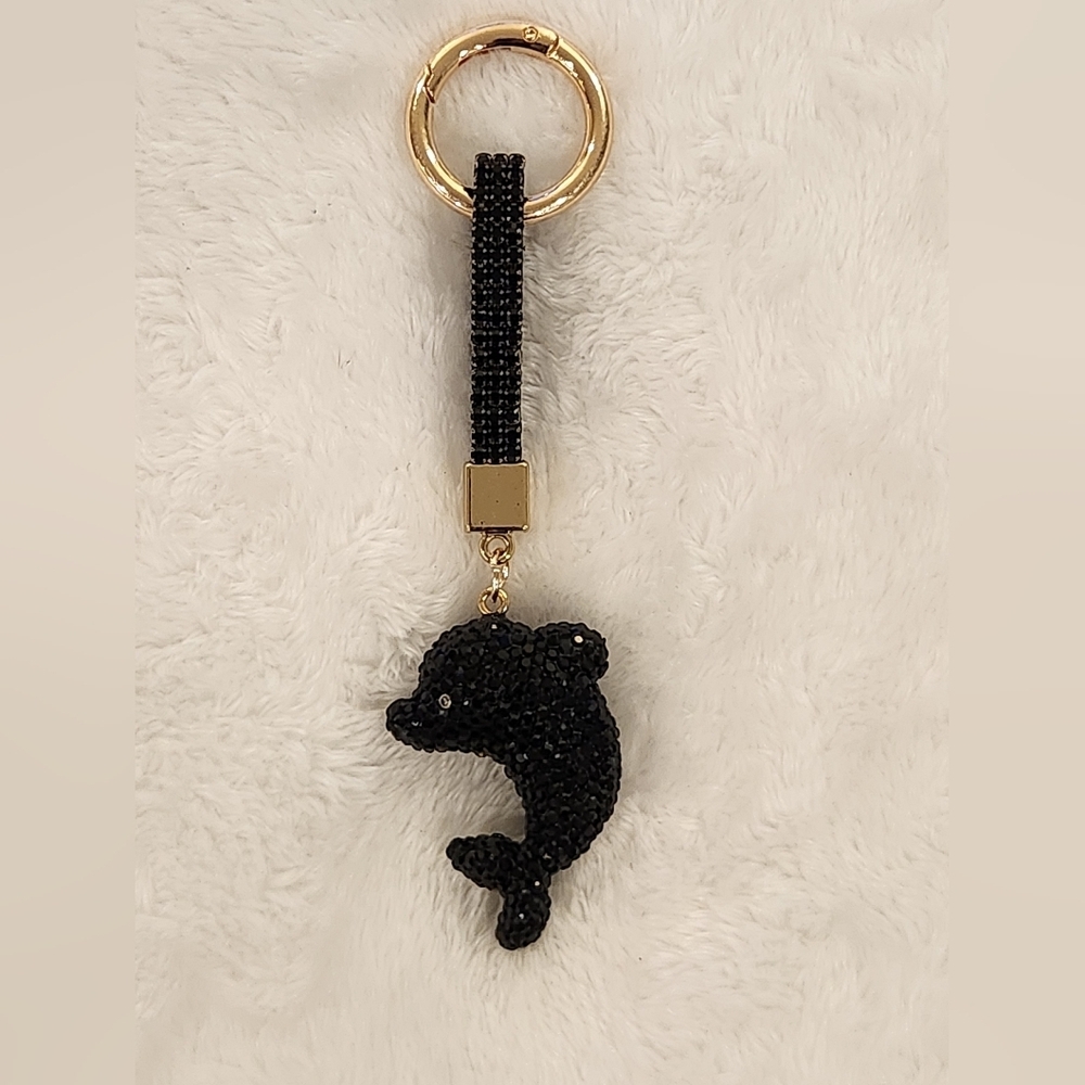 Elegant Black Dolphin Rhinestone Keychain Bag Charm